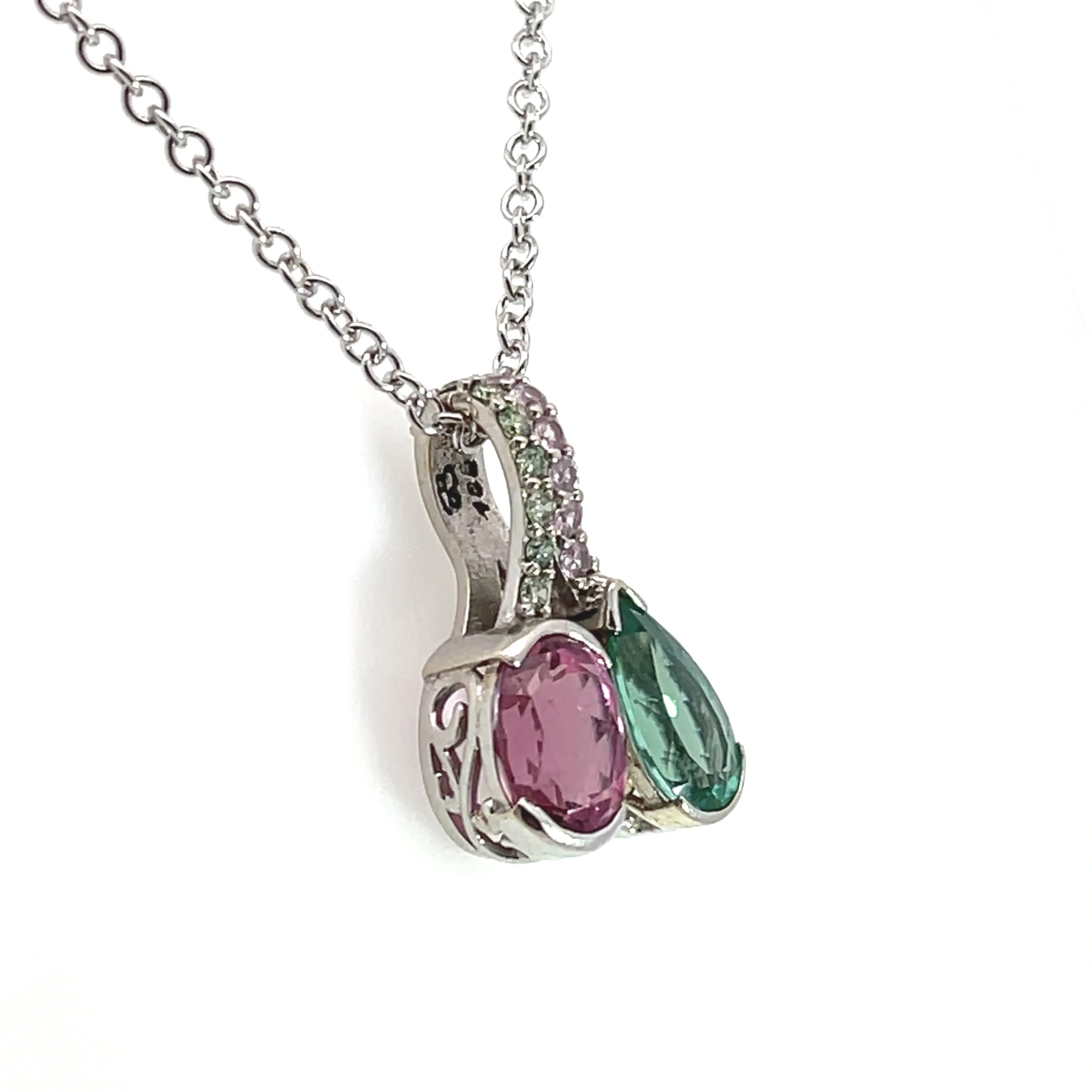 18k White Gold Green Tourmaline and Pink Sapphire Double Pendant