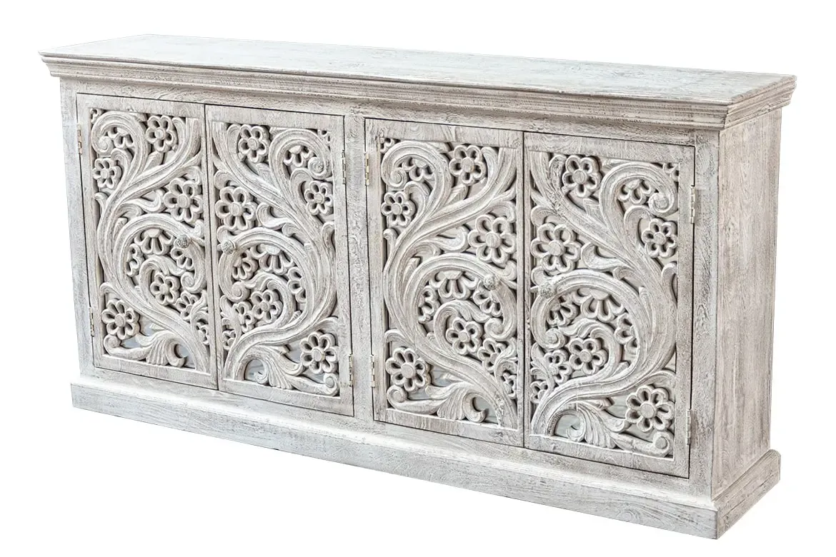 Antique Indian Jali Hand Carved Solid Wooden Sideboard Greywash 180x40x94cm A0274