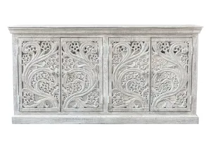 Antique Indian Jali Hand Carved Solid Wooden Sideboard Greywash 180x40x94cm A0274