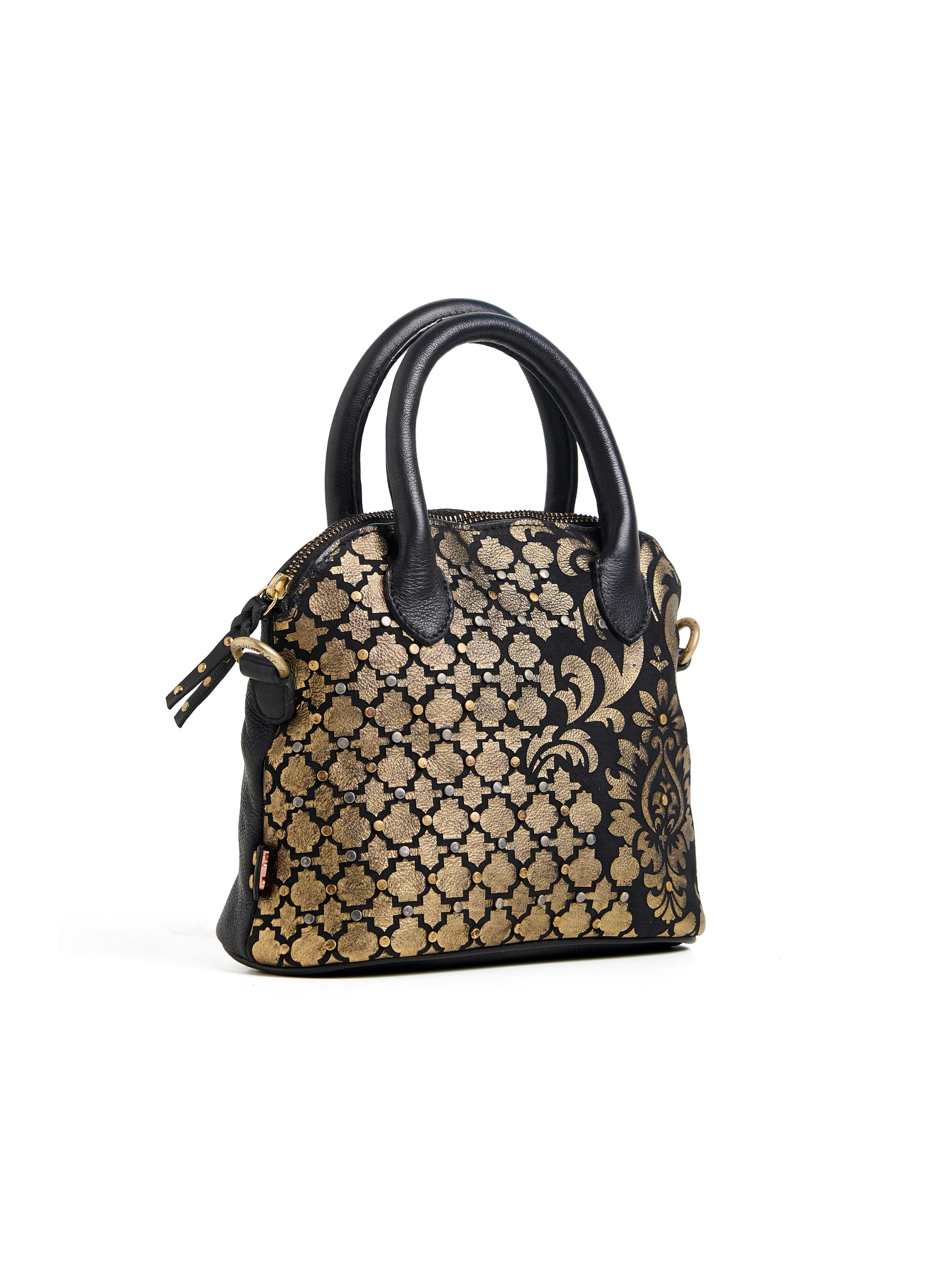 Art N Vintage Real Leather Vintage Handbag with Gold Intricate Pattern- Black