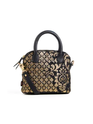 Art N Vintage Real Leather Vintage Handbag with Gold Intricate Pattern- Black