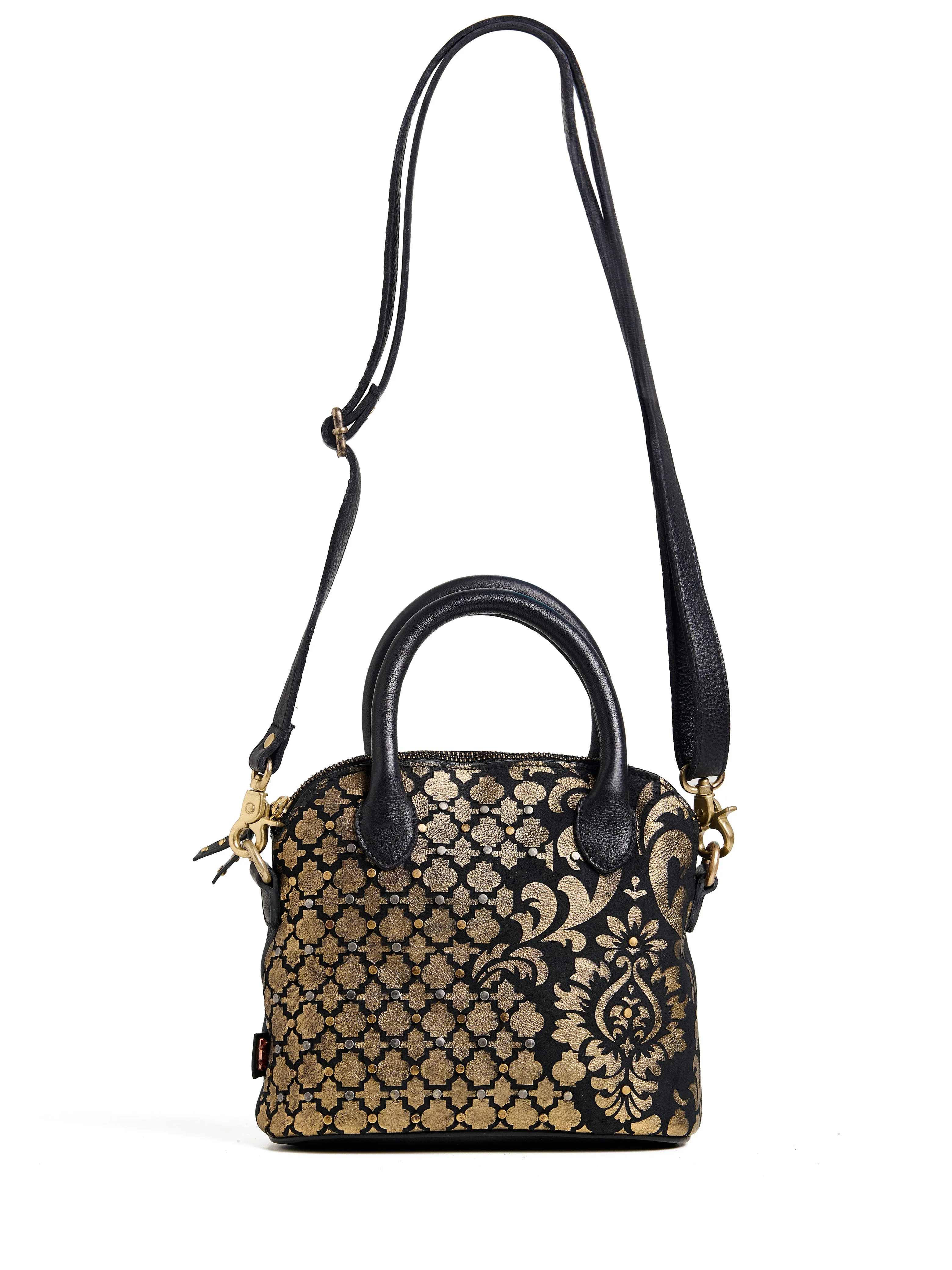 Art N Vintage Real Leather Vintage Handbag with Gold Intricate Pattern- Black