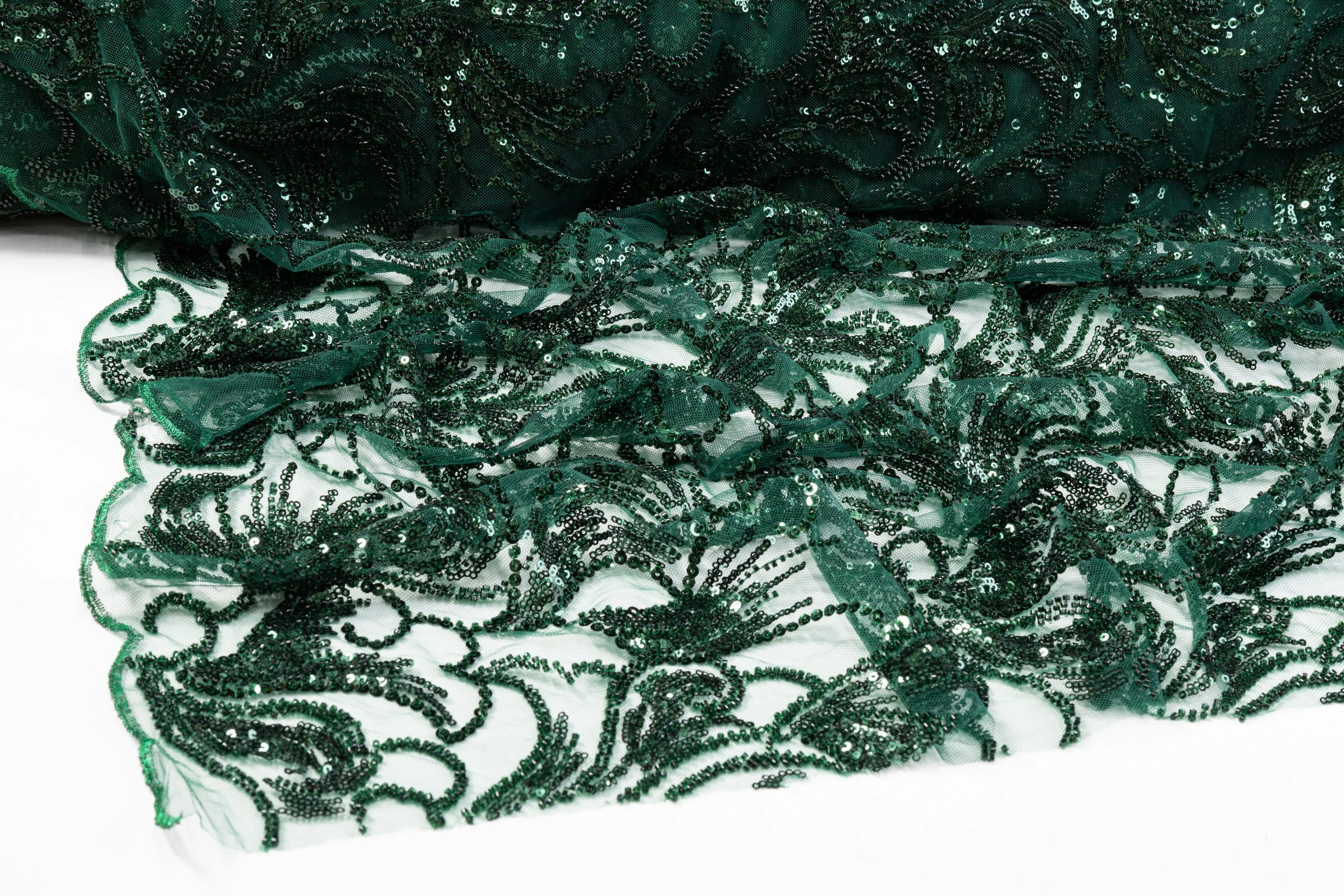 Beaded and Embroidered Tulle - Emerald Green