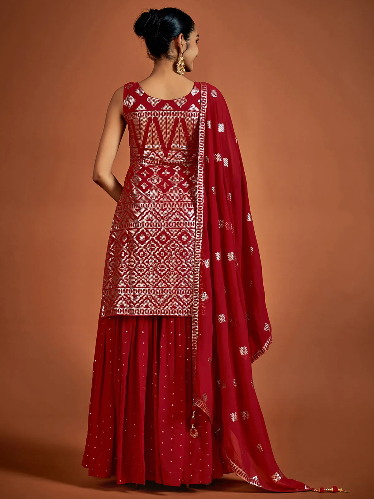 Beautiful Red Embroidered Georgette Partywear Stitched Kurta Set