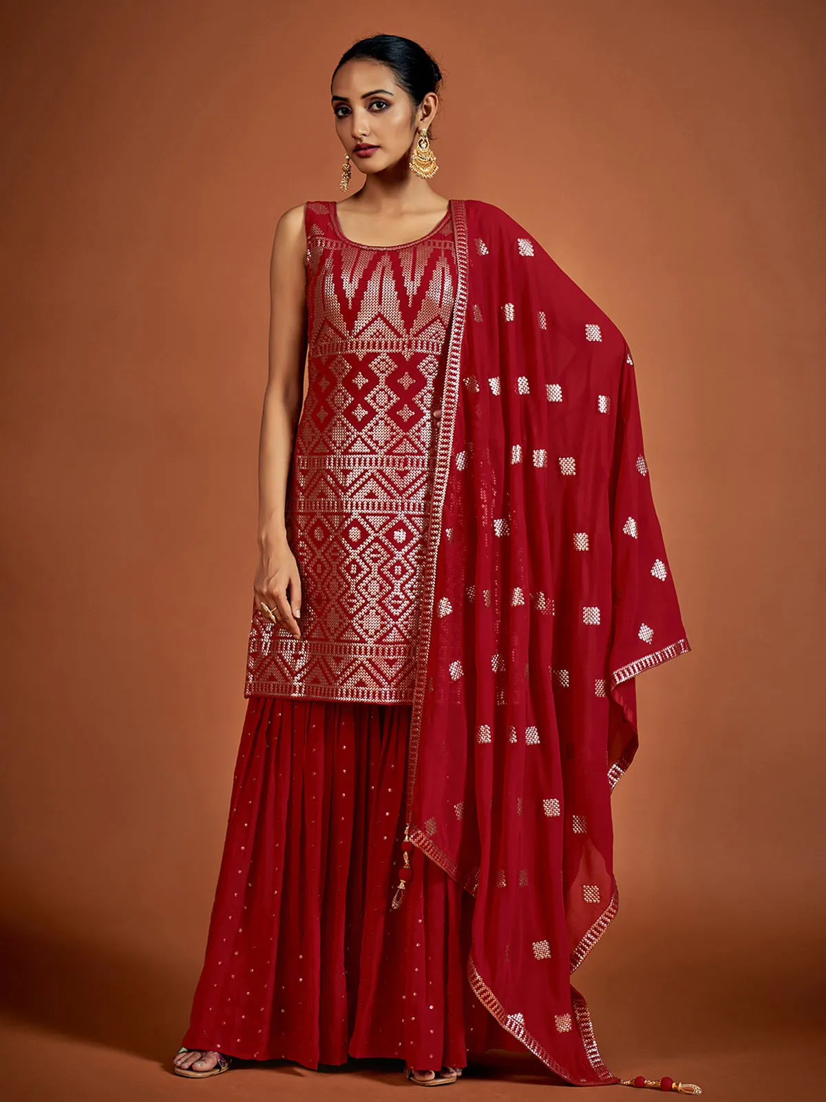 Beautiful Red Embroidered Georgette Partywear Stitched Kurta Set