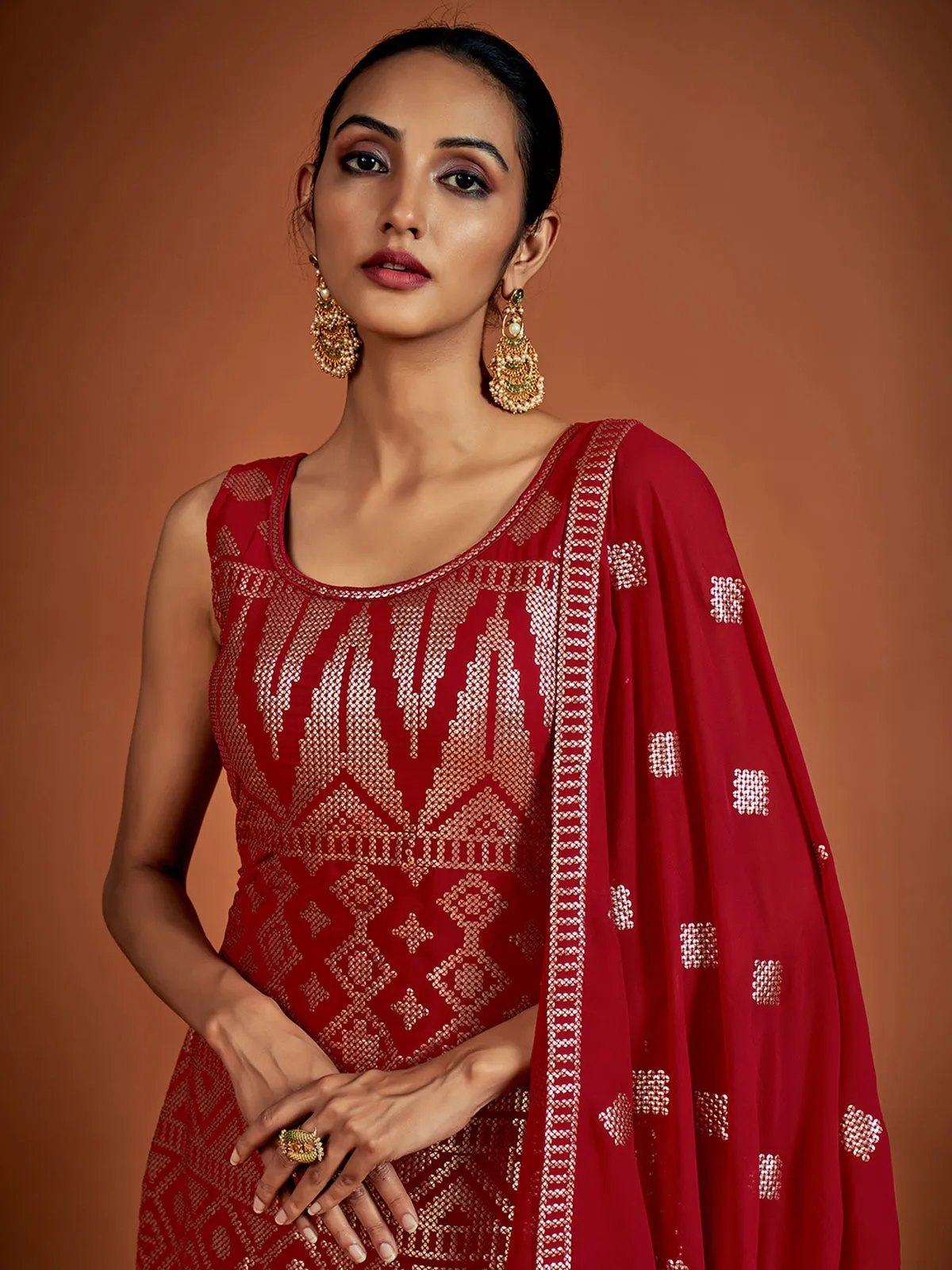 Beautiful Red Embroidered Georgette Partywear Stitched Kurta Set