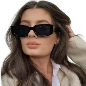 Black Retro Slim Rectangle Sunglasses