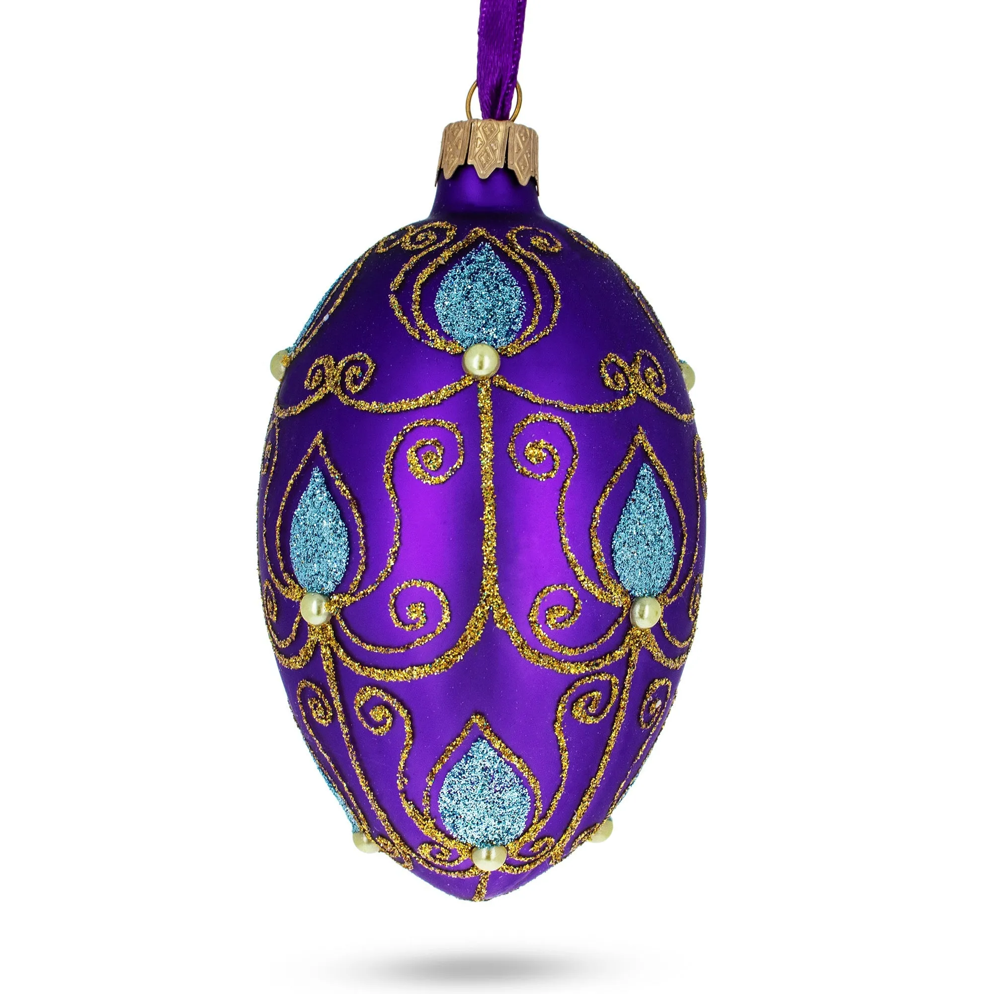 Blue Leaf On Purple Glass Egg Ornament 4 Inches