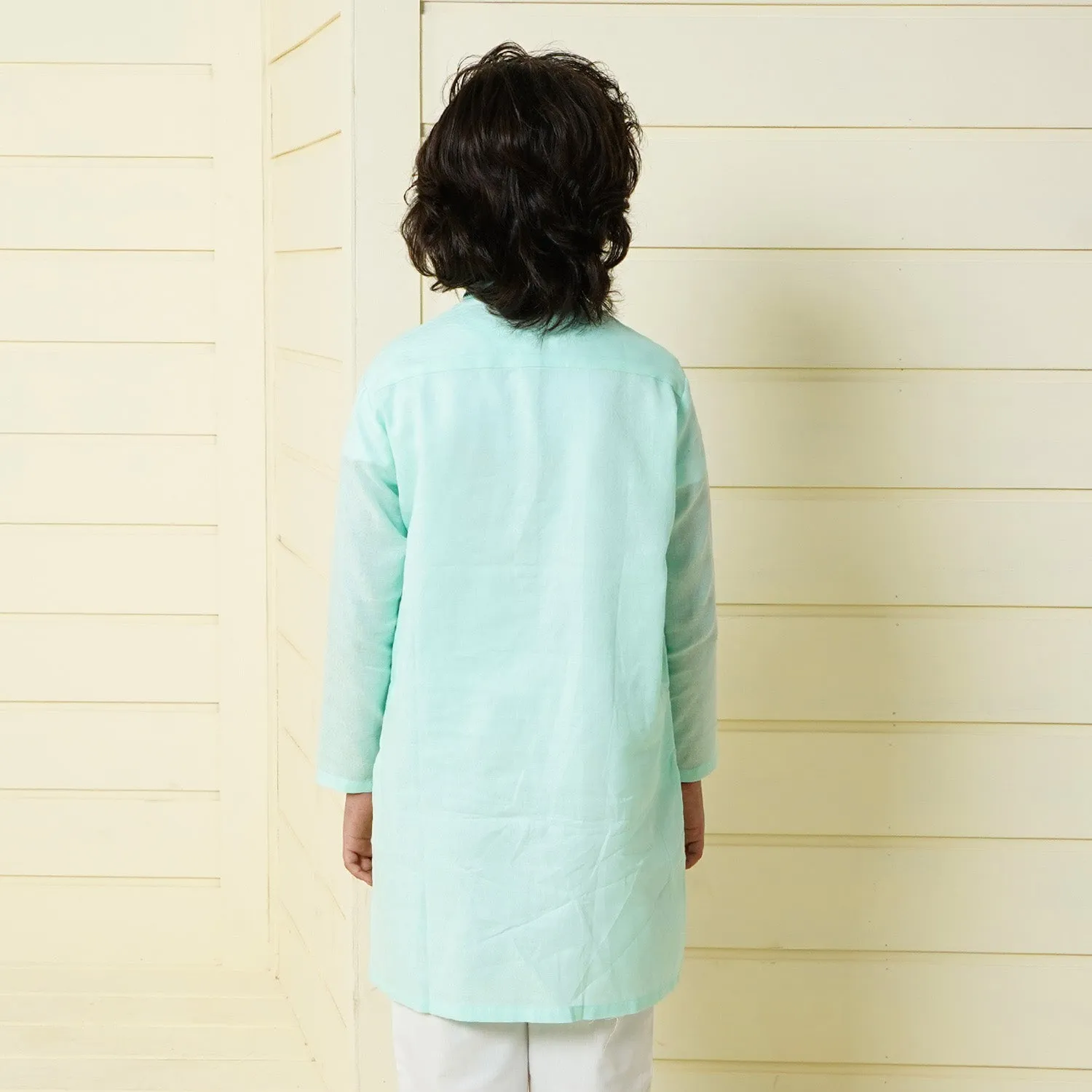 Boys Jacquard Embroidered Kurta - Mint Green