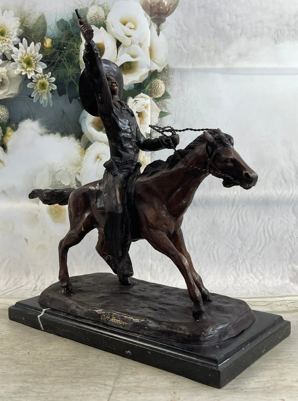 Bronze Cowboy Sculpture Lasso Western Horse Fine Art Remington Russell 23lb 17in