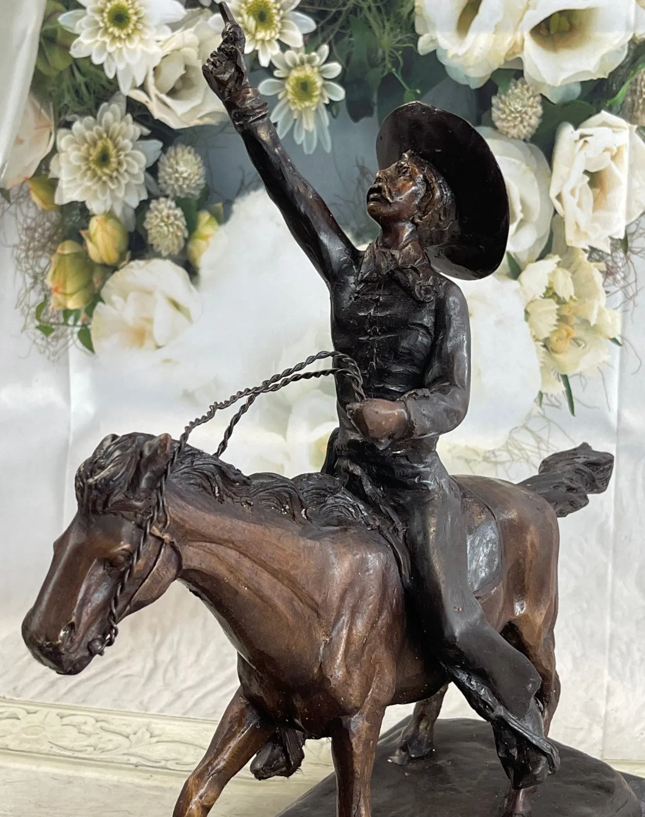 Bronze Cowboy Sculpture Lasso Western Horse Fine Art Remington Russell 23lb 17in