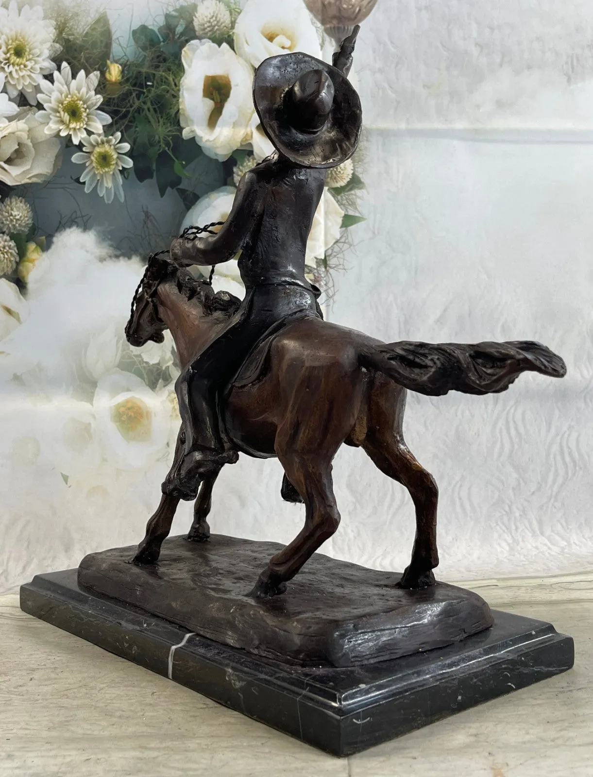 Bronze Cowboy Sculpture Lasso Western Horse Fine Art Remington Russell 23lb 17in