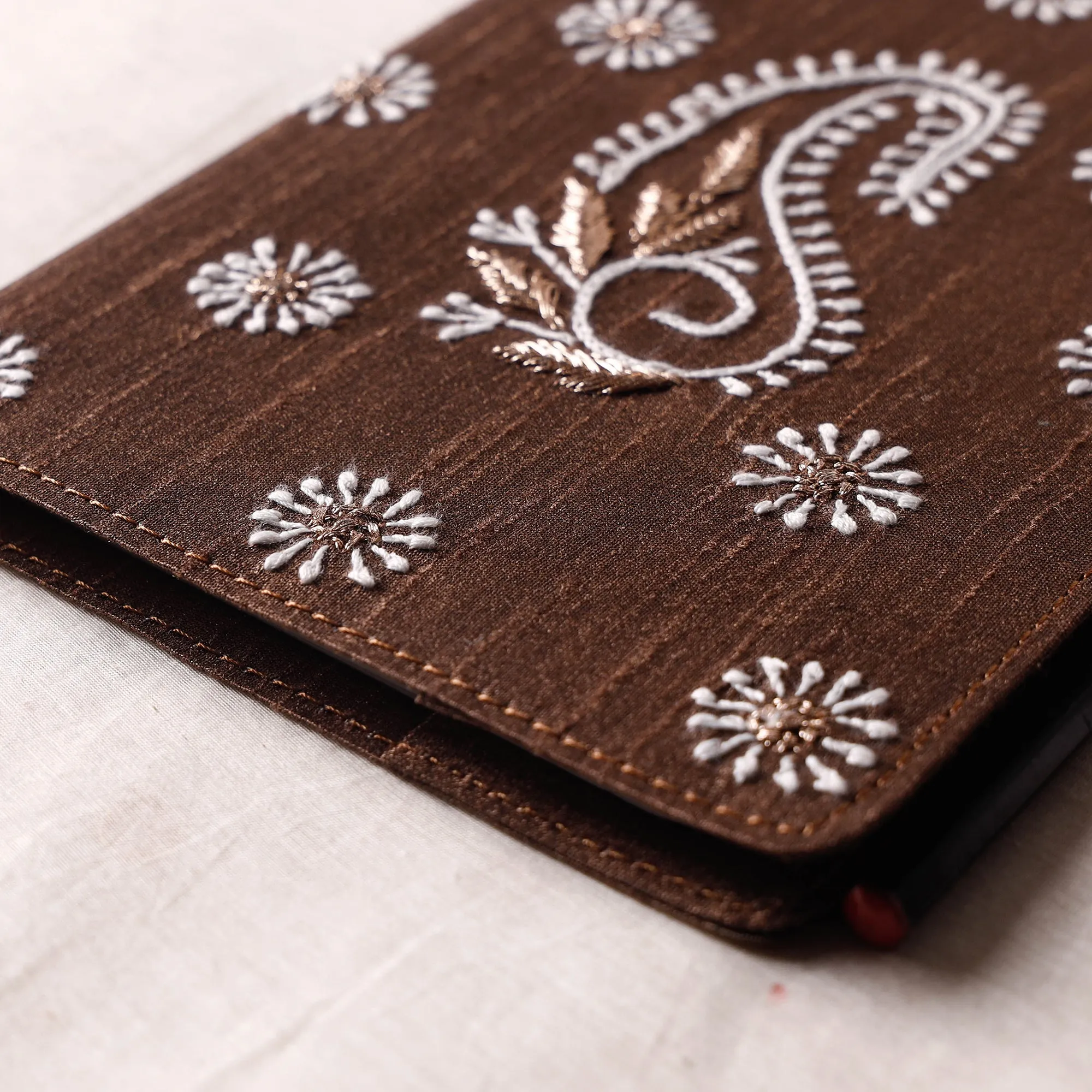 Brown - Lucknow Chikankari Hand Embroidery Silk Cover Notebook with Pencil (8 x 5.5 in)