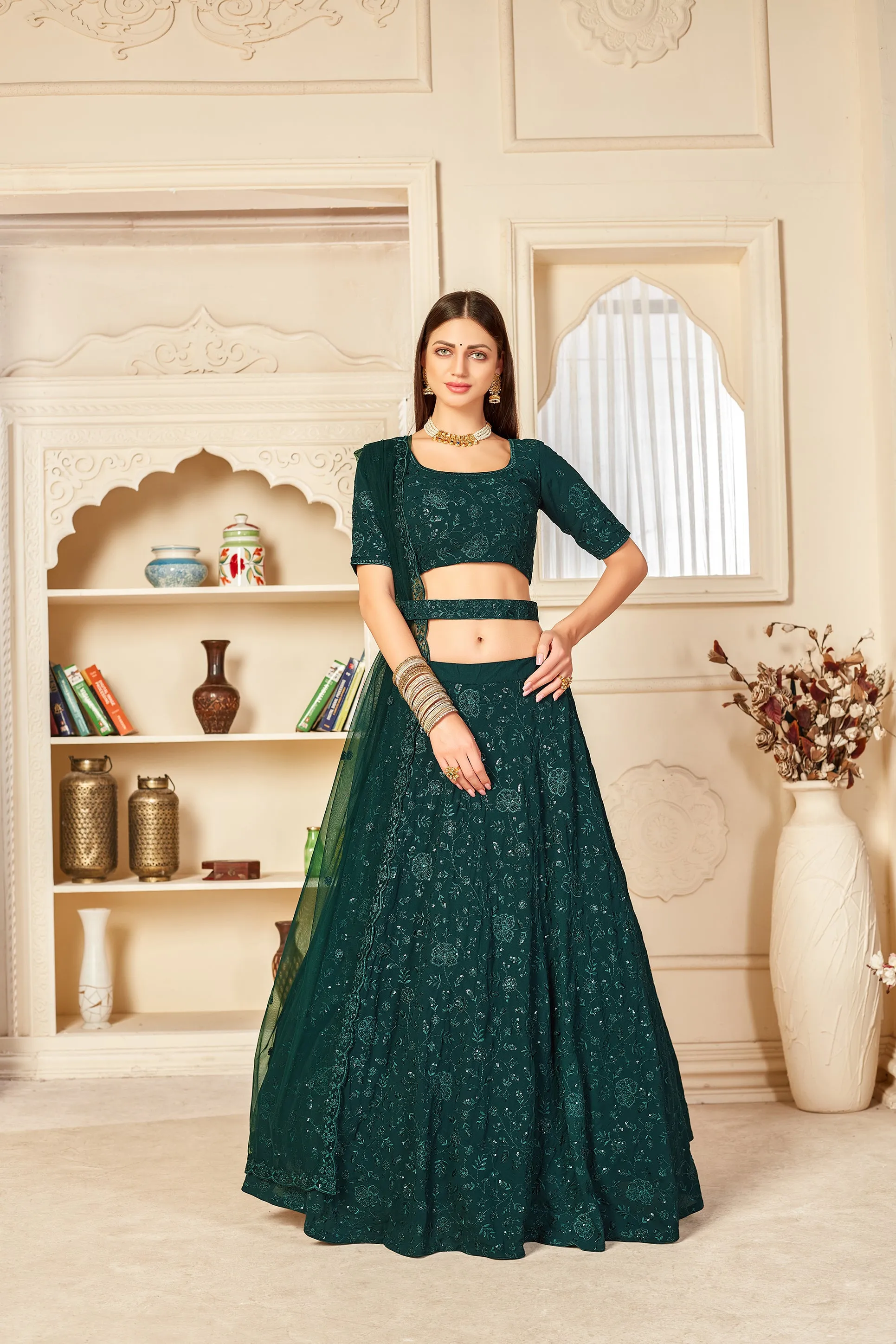 Charming Green Thread And Sequins Embroidered Georgette Semi Stitched Lehenga