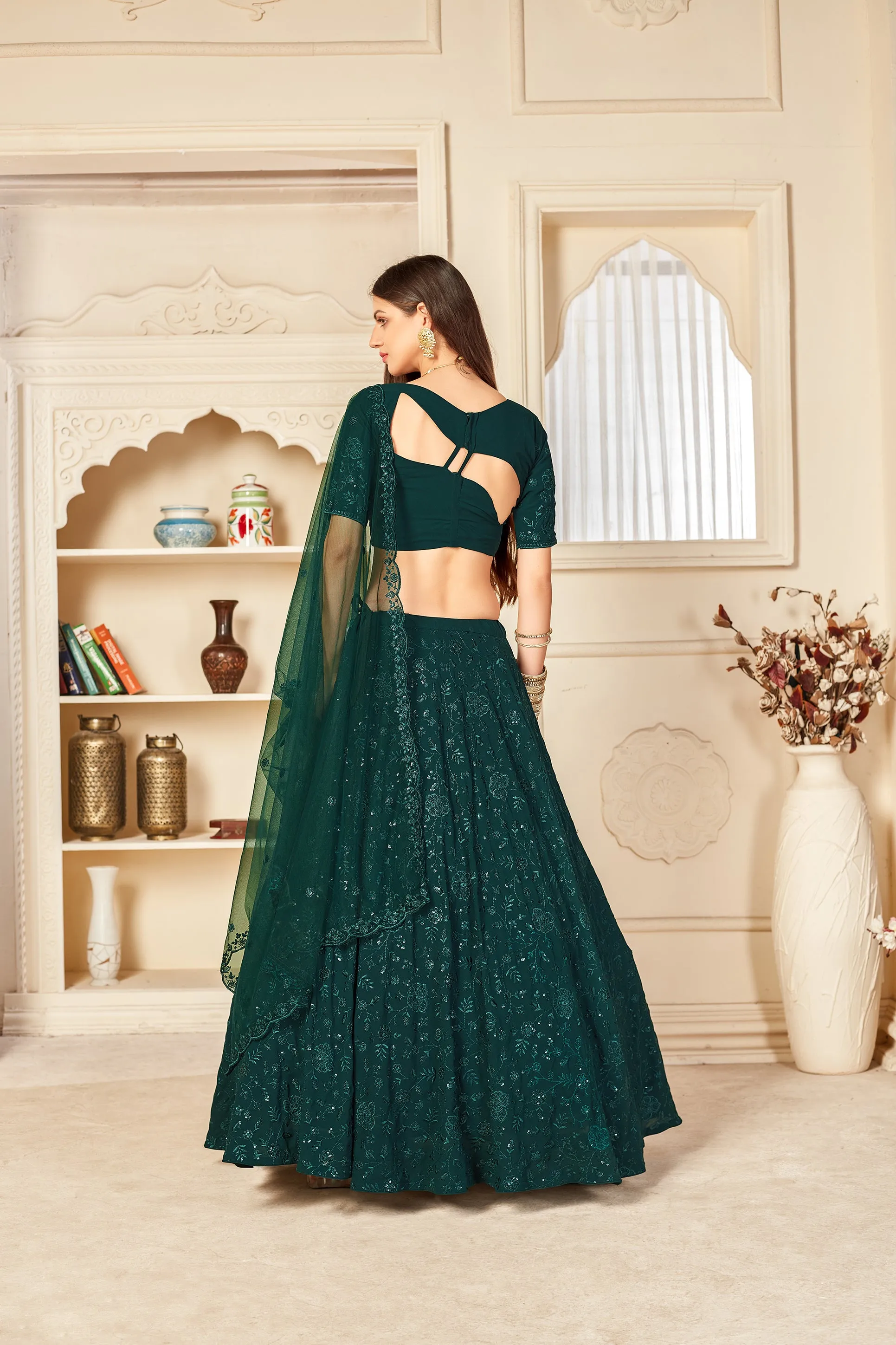 Charming Green Thread And Sequins Embroidered Georgette Semi Stitched Lehenga