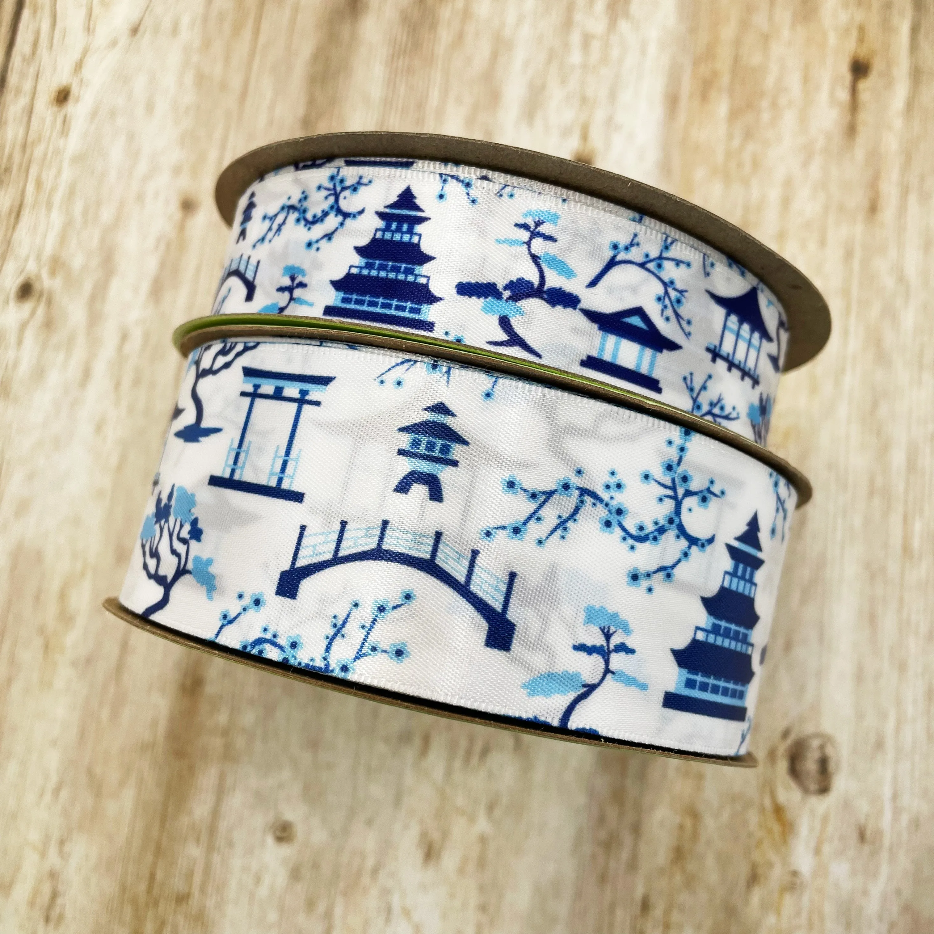 Chinoiserie ribbon Japanese garden printed on 7/8" and  1.5" white satin