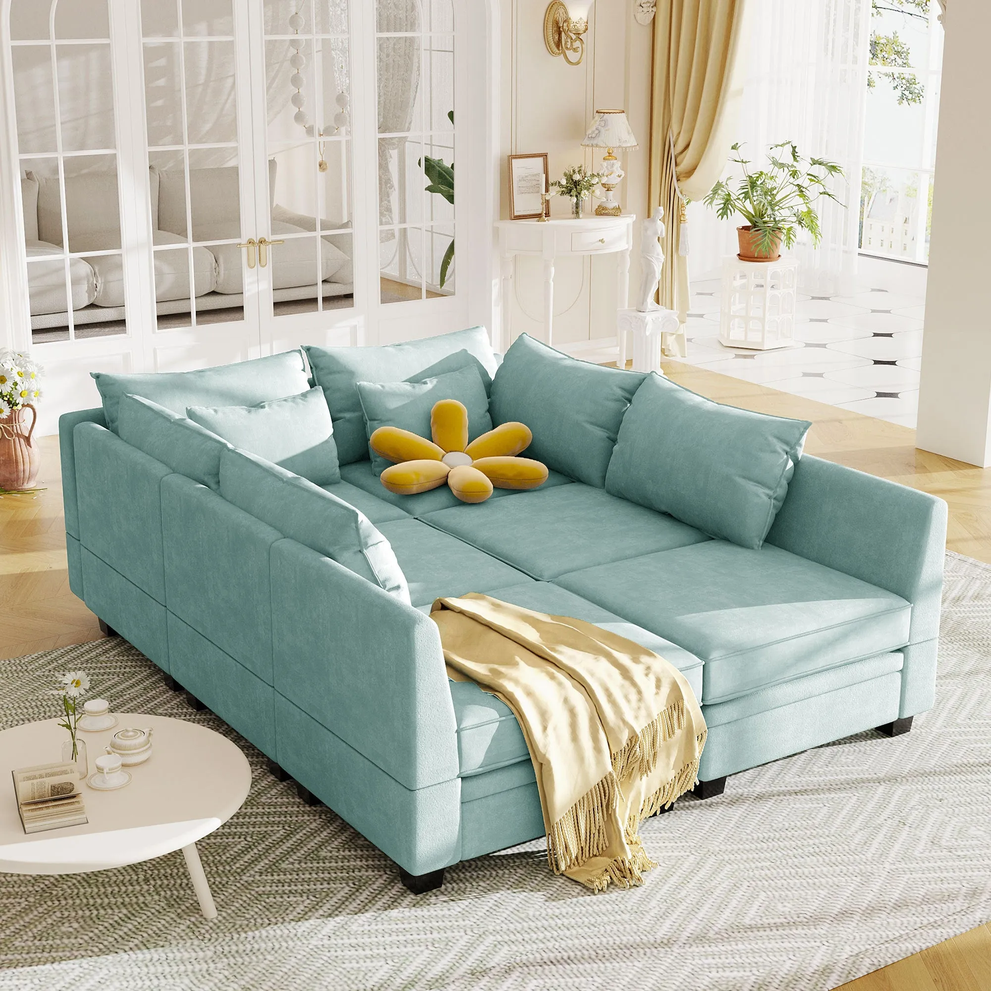 Contemporary U-Shaped Modular Sectional Sofa with Reversible Chaise, Convertible Bed, and Storage Seat for Living Room