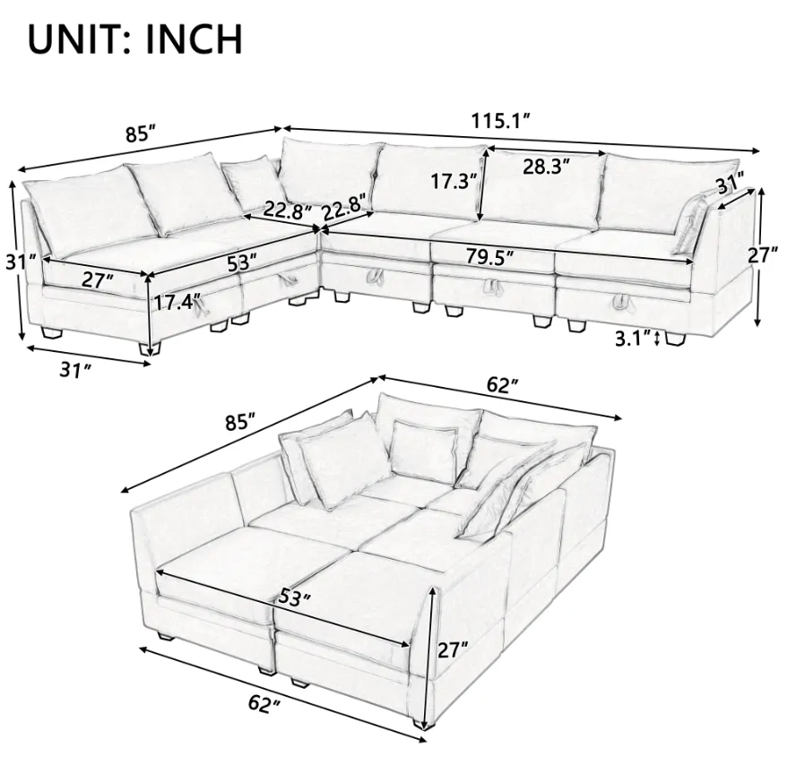 Contemporary U-Shaped Modular Sectional Sofa with Reversible Chaise, Convertible Bed, and Storage Seat for Living Room