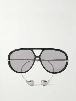 Embellished aviator-style recycled-acetate and silver-tone sunglasses