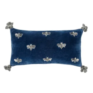 Embroidered Pretty Bug Pillow, Slate Blue Cotton Velvet