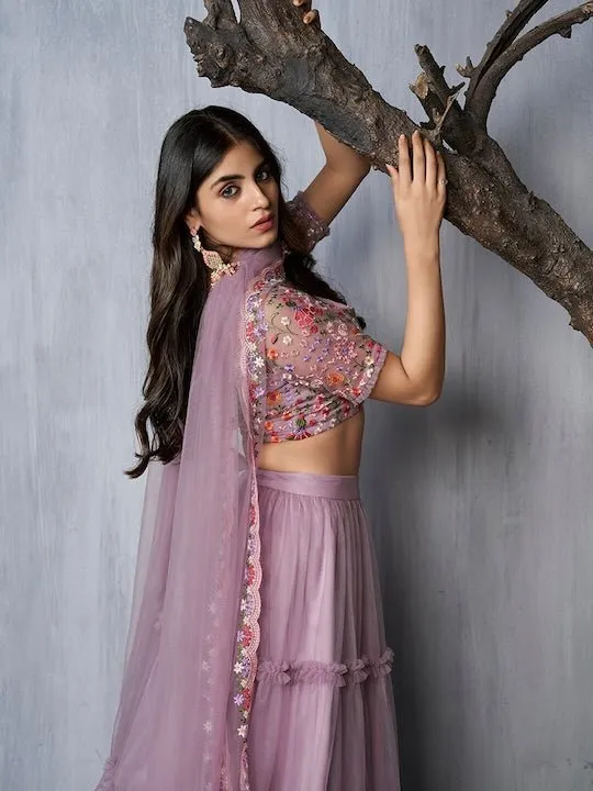 Embroidered Thread Work Semi-Stitched Lehenga & Unstitched Blouse With Dupatta