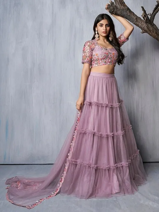 Embroidered Thread Work Semi-Stitched Lehenga & Unstitched Blouse With Dupatta