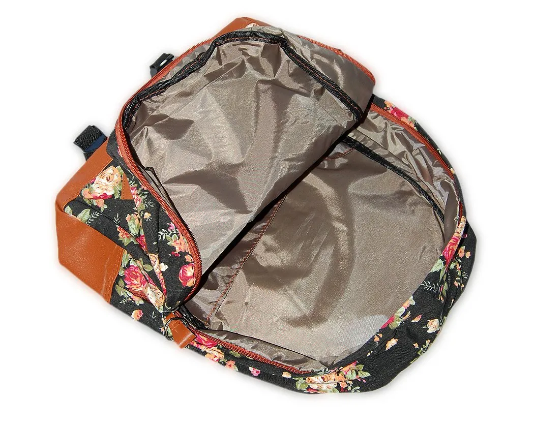 Floral Print Canvas Backpack - Black