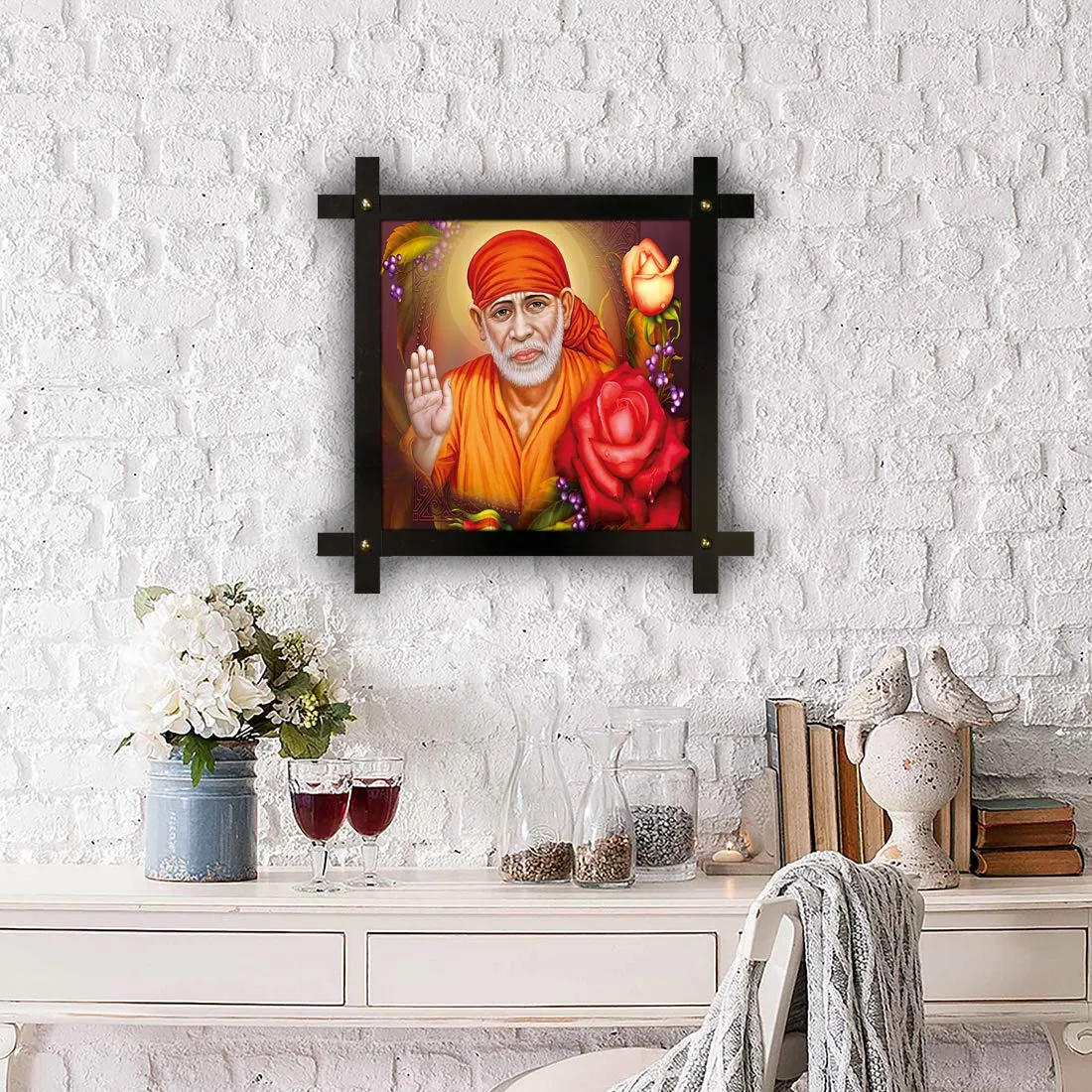 Generic Poster n Frames Cross Wooden Frame Hand-Crafted with Photo of Sai Baba 20815-(16.5x16.5inch,Wood,Multicolour), Medium