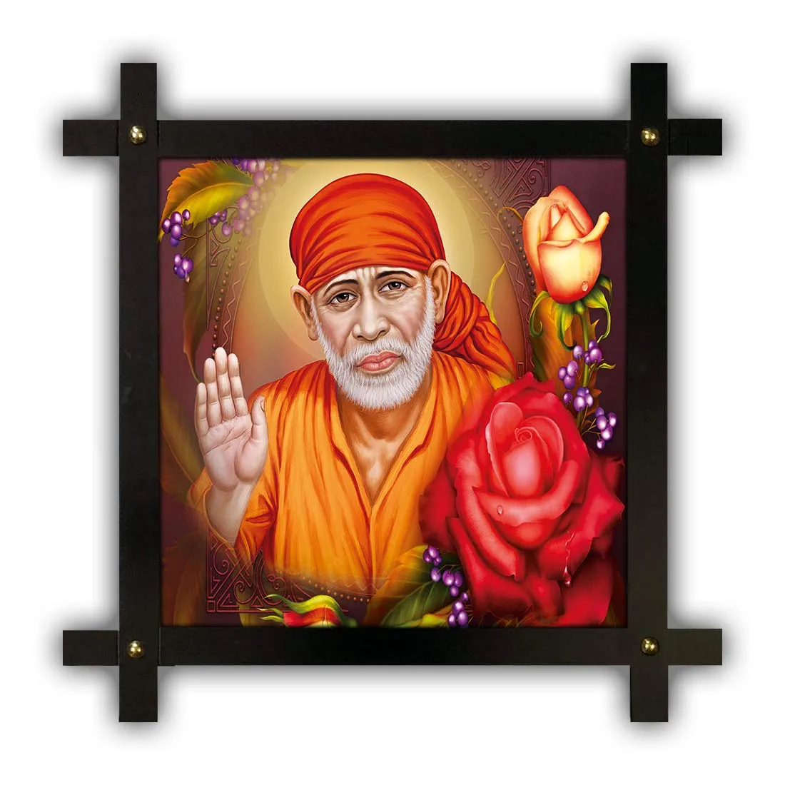 Generic Poster n Frames Cross Wooden Frame Hand-Crafted with Photo of Sai Baba 20815-(16.5x16.5inch,Wood,Multicolour), Medium