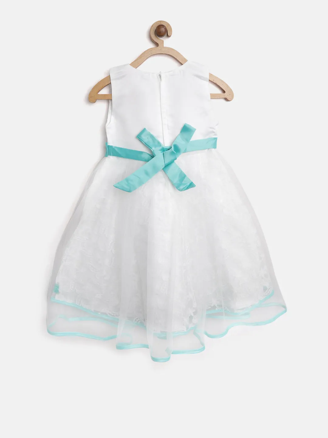 Gilr's White And Green Embellished And Embroidered Party Dress - StyleStone Kid