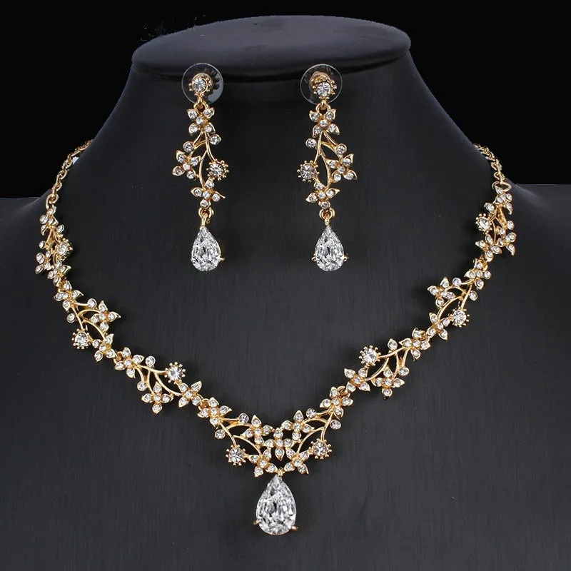 Golden Zircon Bridal Jewelry Set - Necklace & Earrings for Weddings