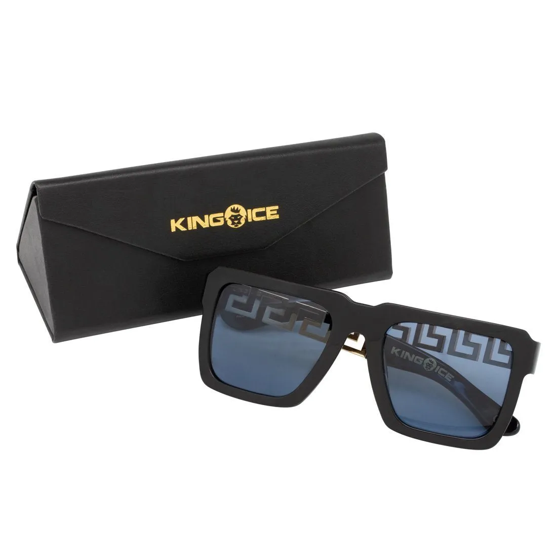 Greek Key Shades with Glossy Black Square Frame & Blue Tint Lenses