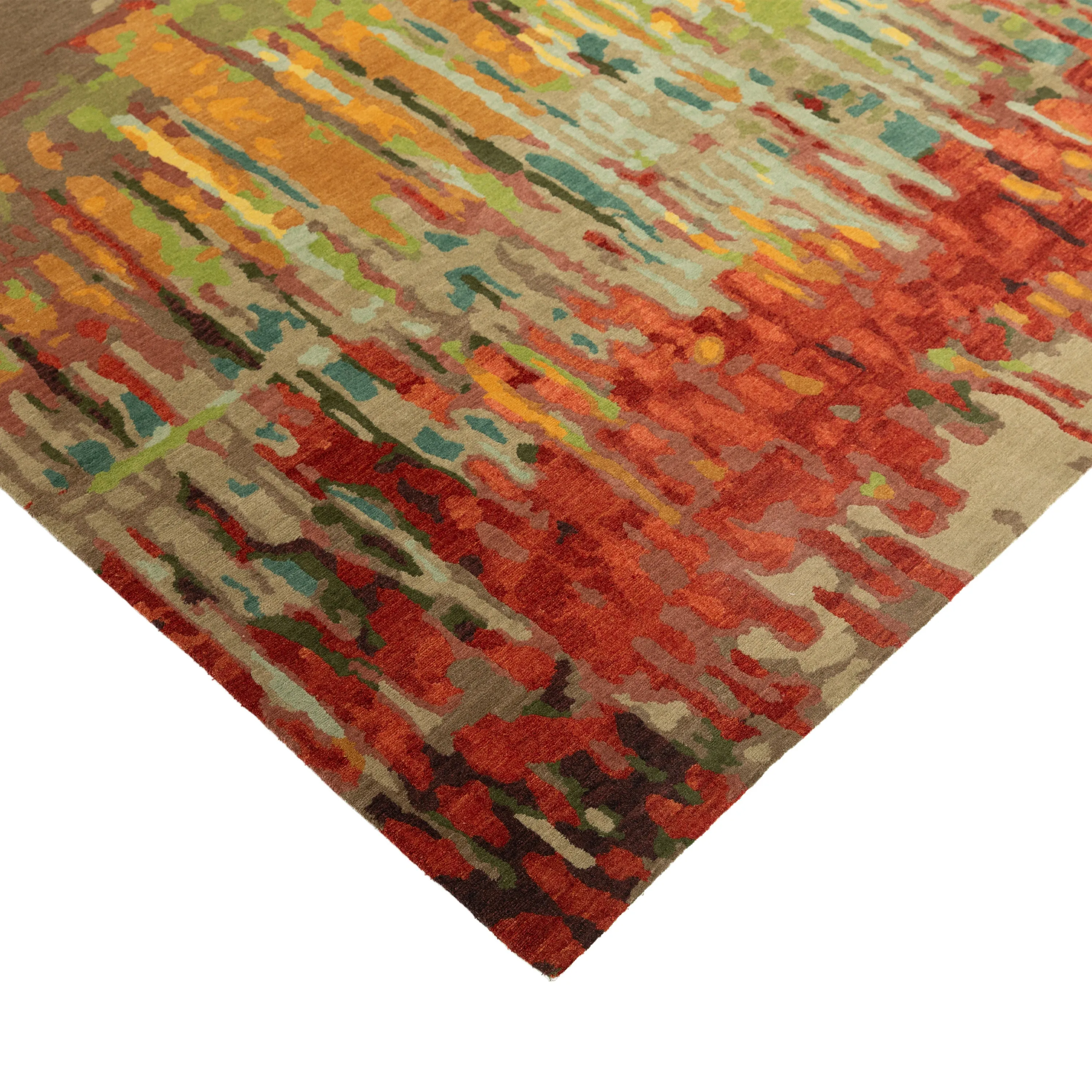 Green & Red Aurora Contemporary Tibetan Wool Silk Blend Rug - 6' x 9'