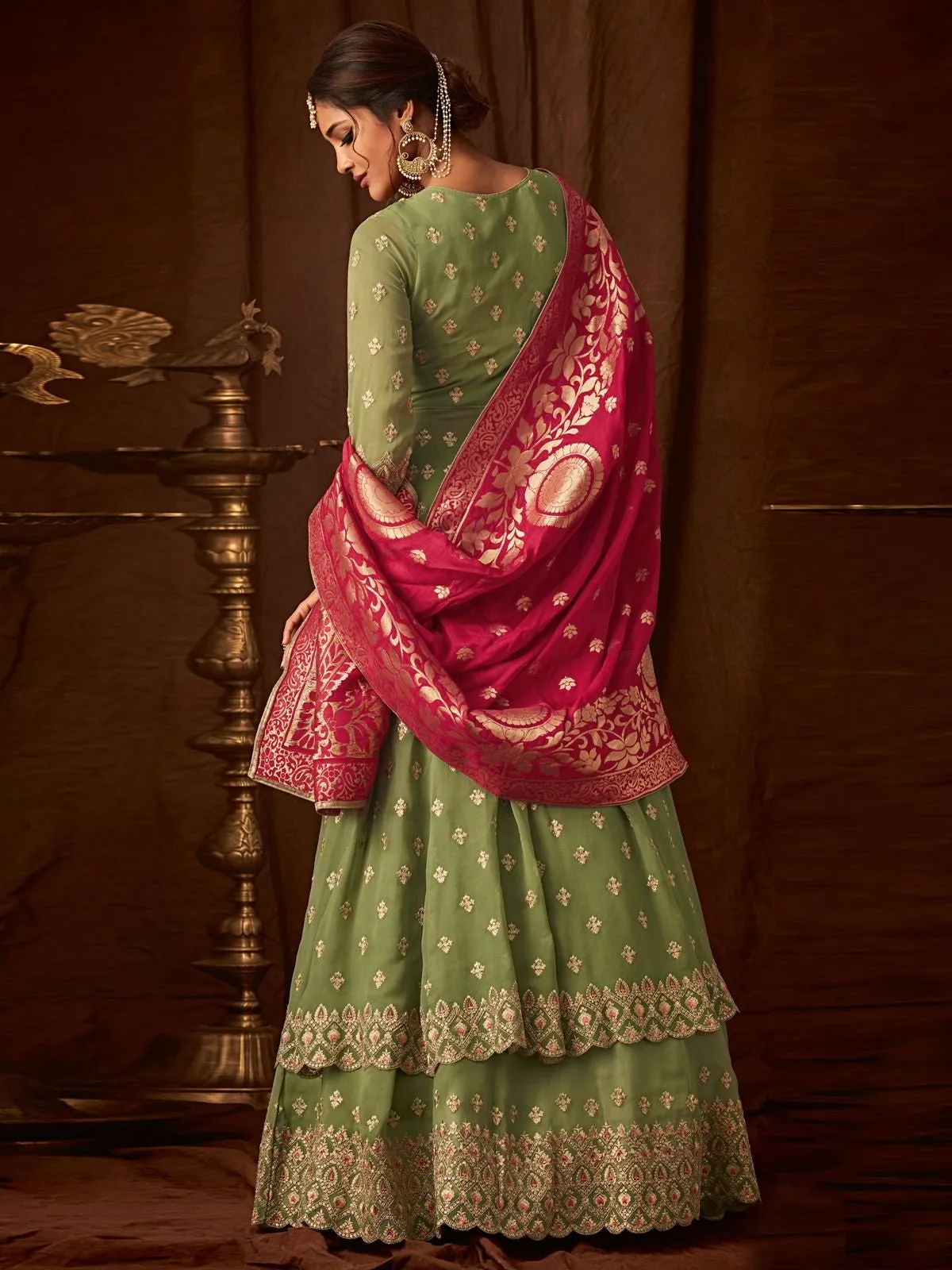 Green And Pink Embroidered Wedding Anarkali Lehenga Suit