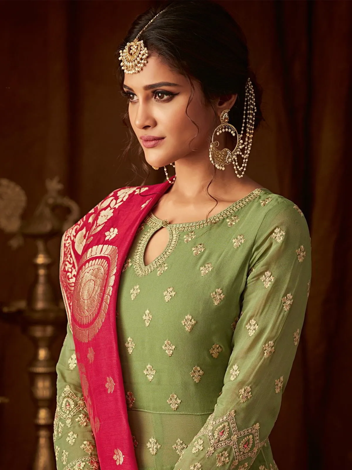 Green And Pink Embroidered Wedding Anarkali Lehenga Suit