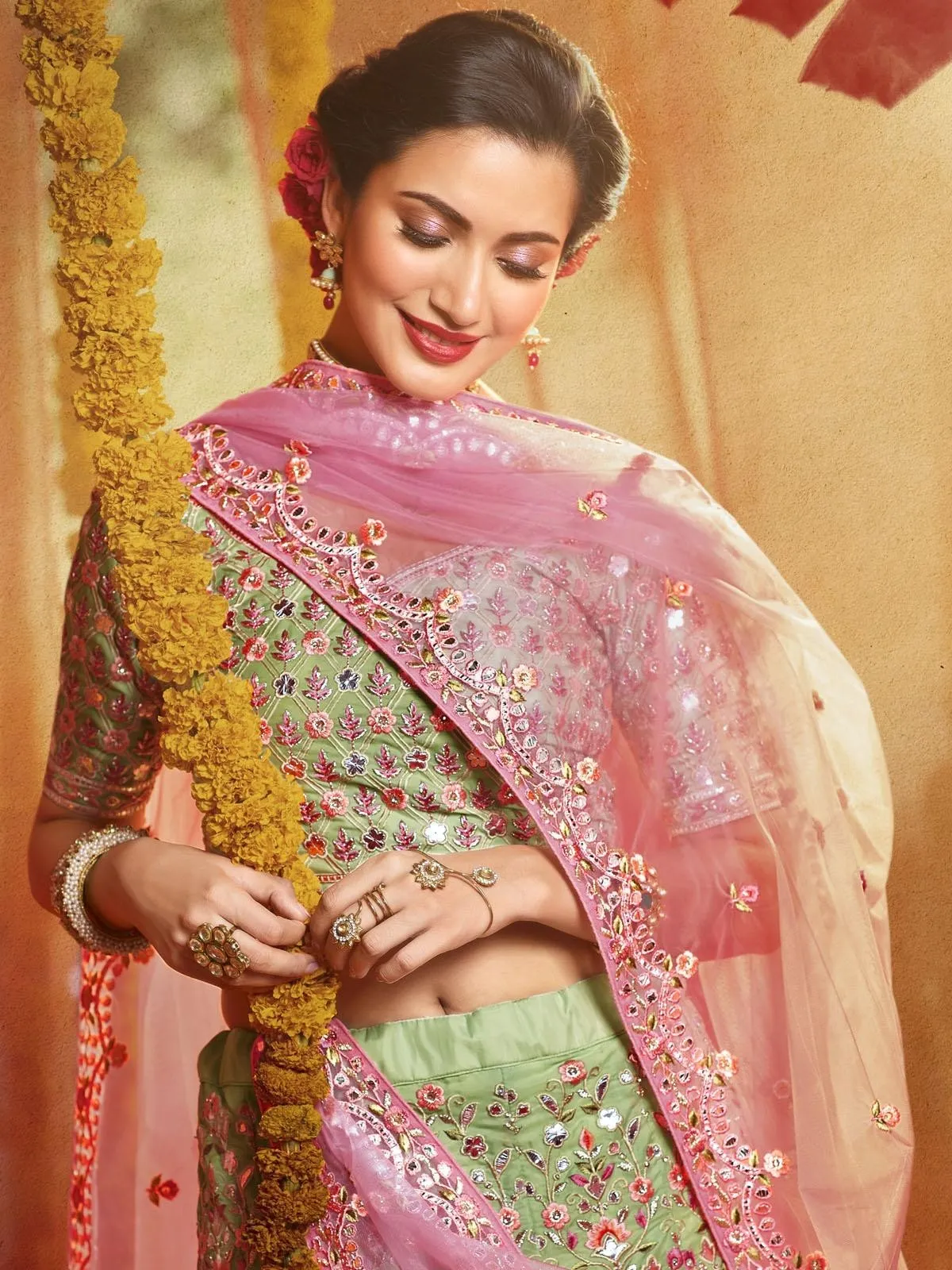 Green And Pink Multi Embroidered Designer Lehenga Choli