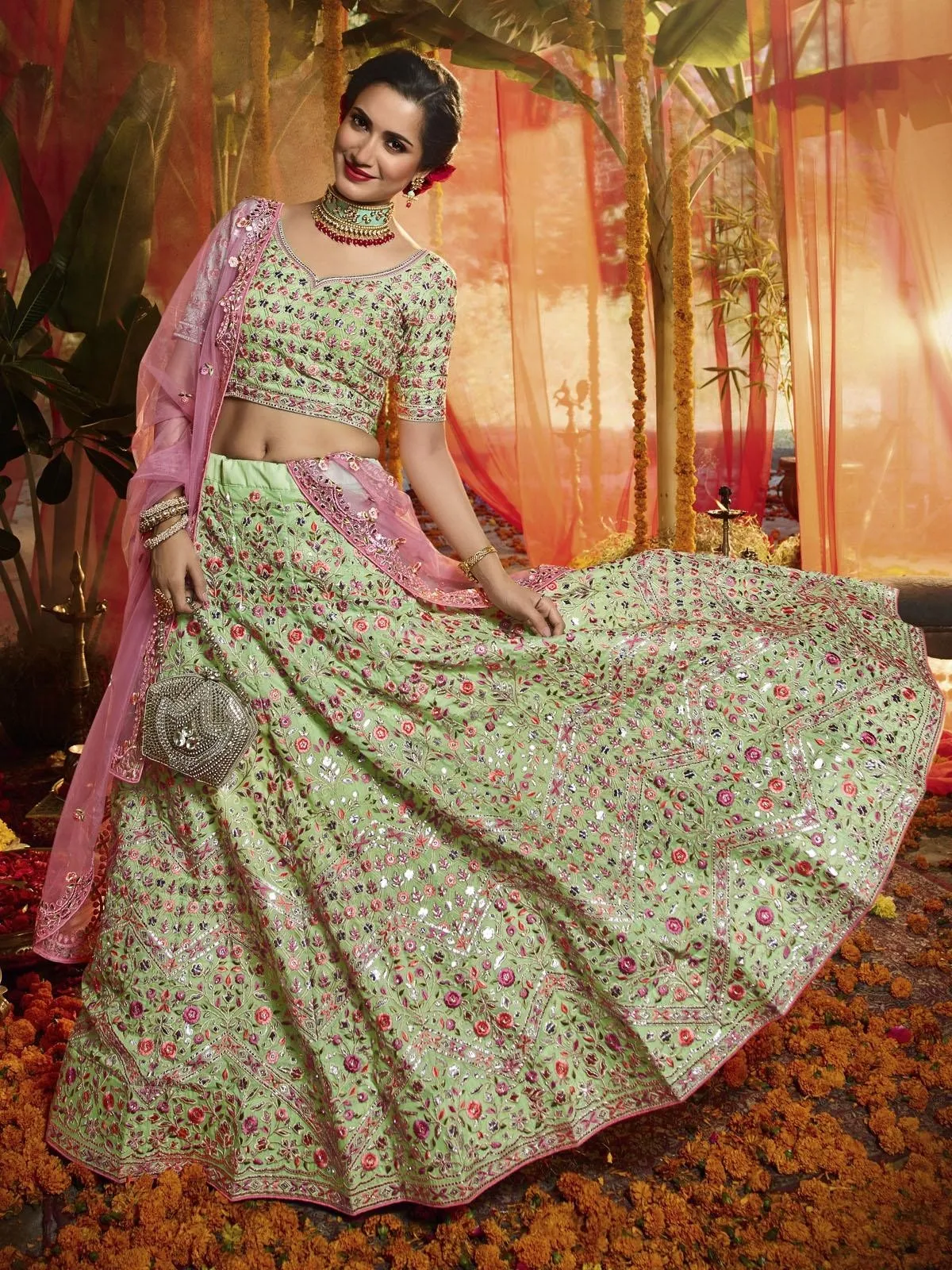 Green And Pink Multi Embroidered Designer Lehenga Choli