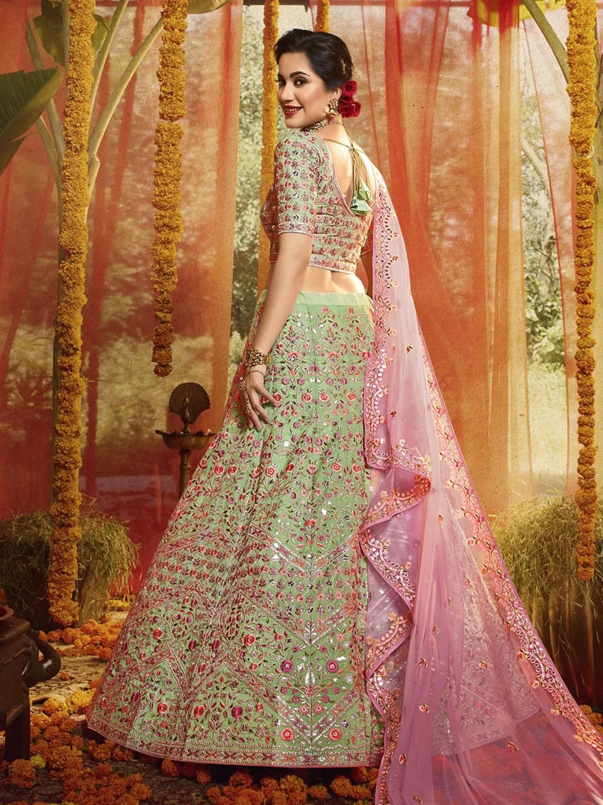 Green And Pink Multi Embroidered Designer Lehenga Choli