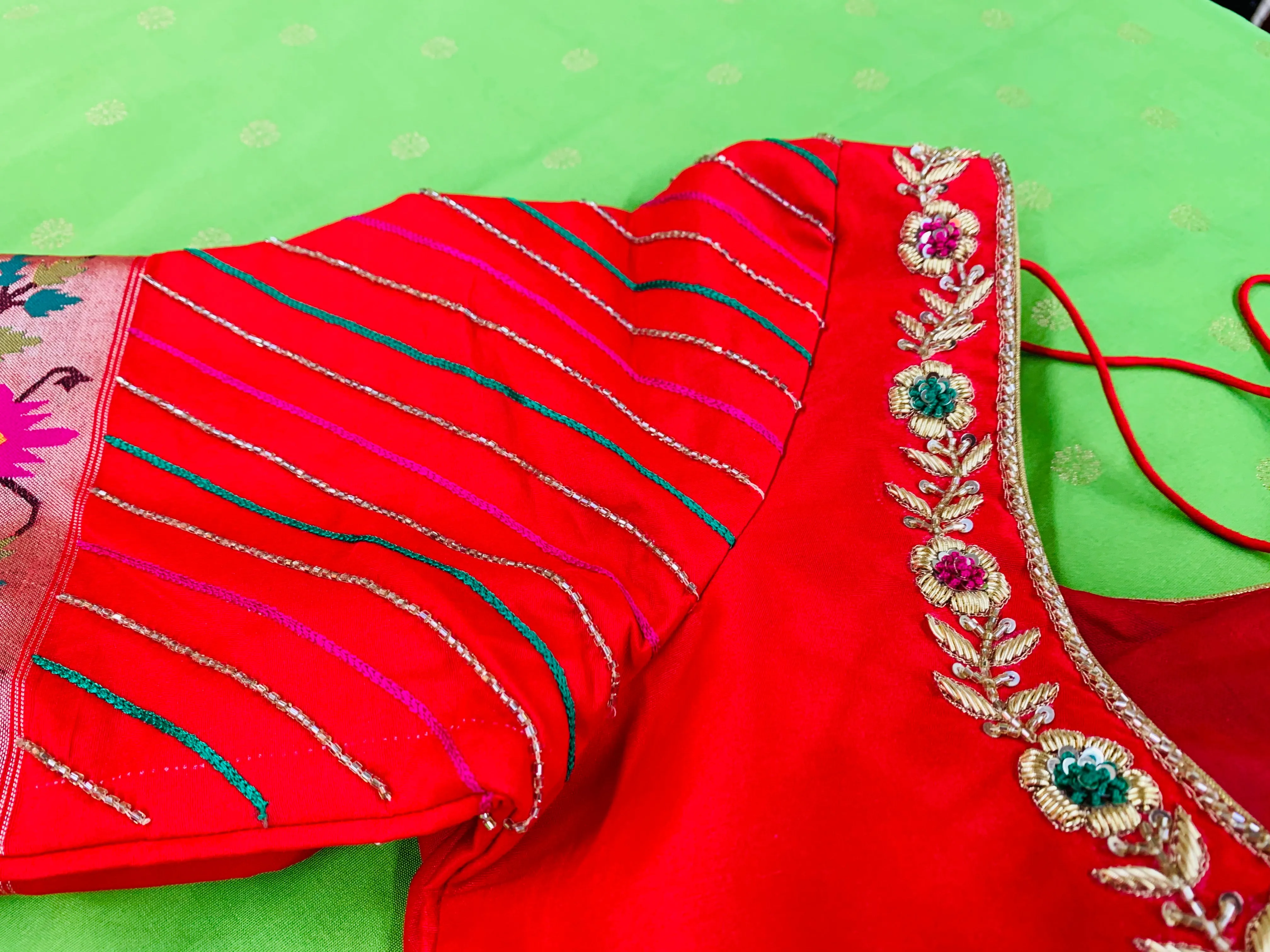 Green and Red Banaras Paithani Saree