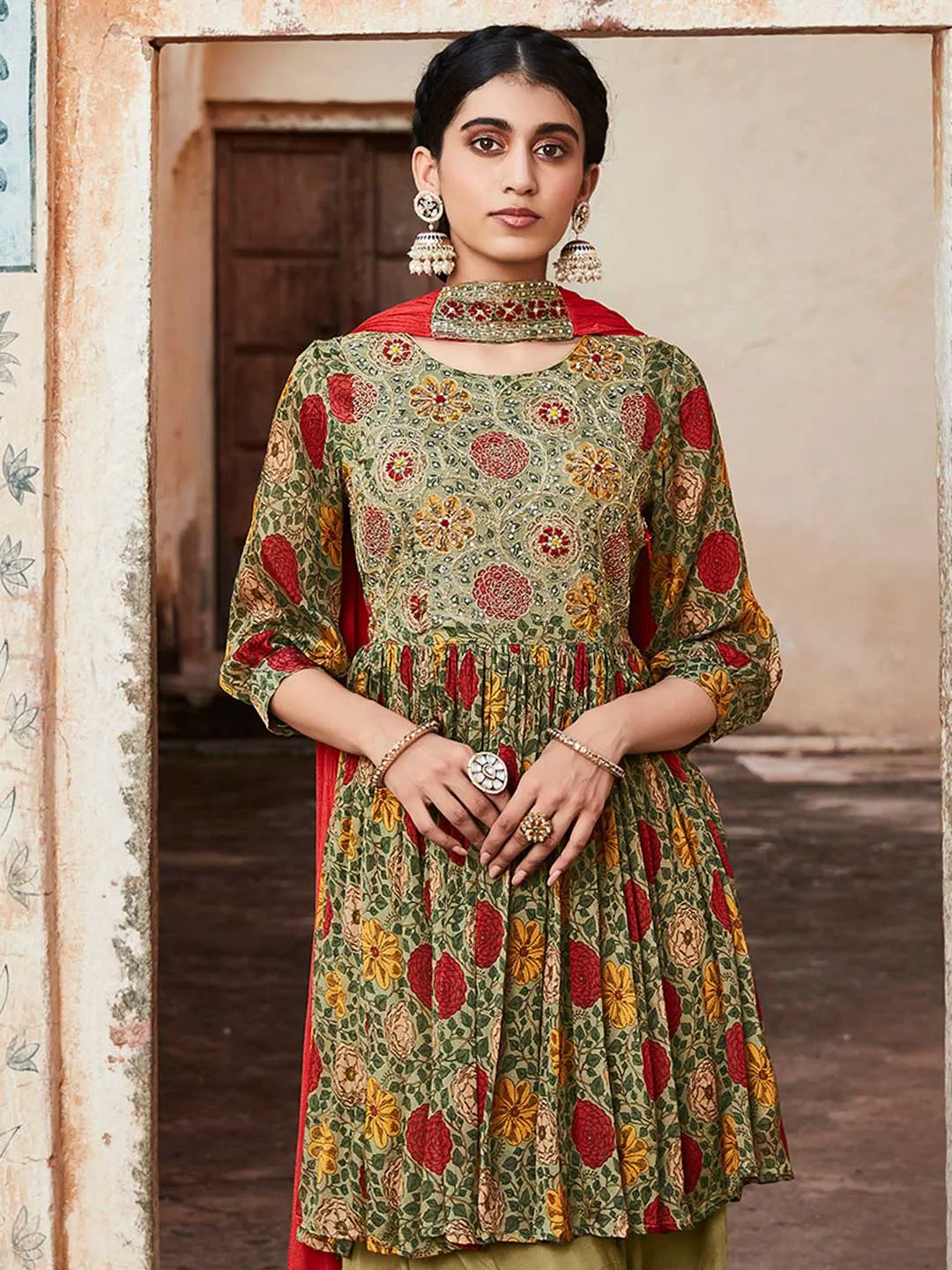 Green Floral Printed Short Kurta With Sharara And Pleated Dupatta