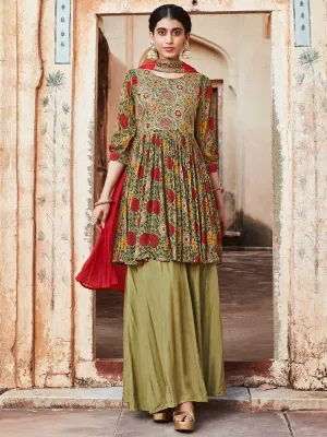 Green Floral Printed Short Kurta With Sharara And Pleated Dupatta