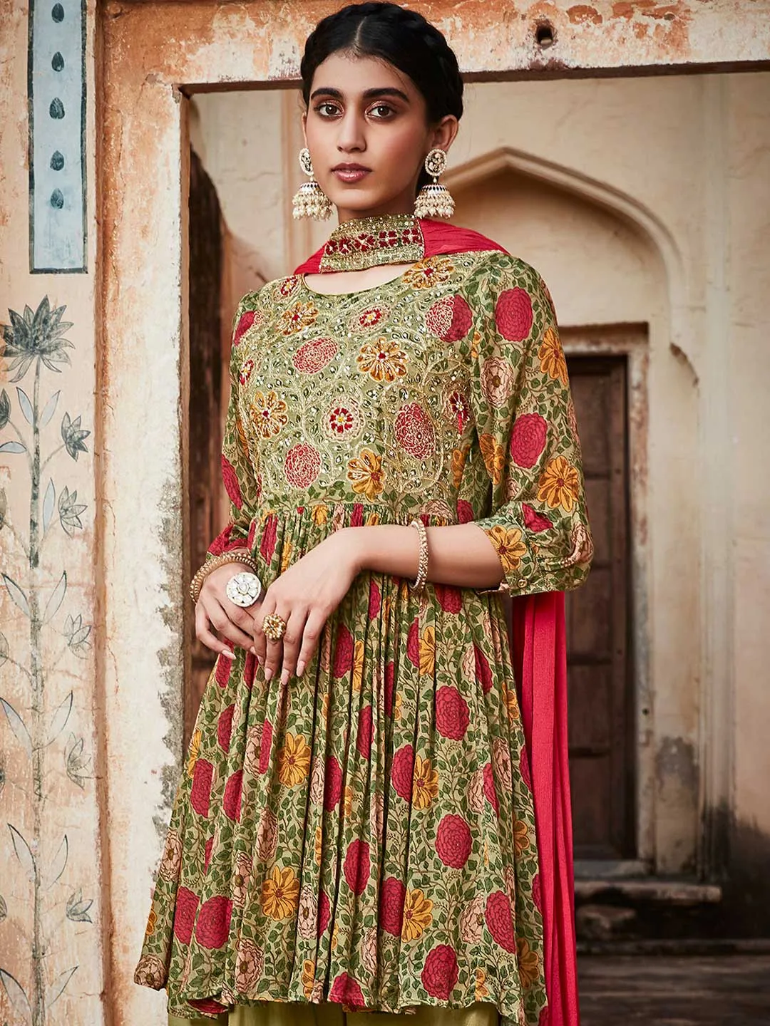 Green Floral Printed Short Kurta With Sharara And Pleated Dupatta