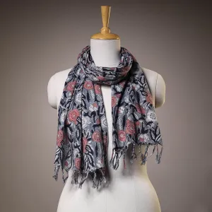 Grey - Sanganeri Block Printed Cotton Stole with Tassels