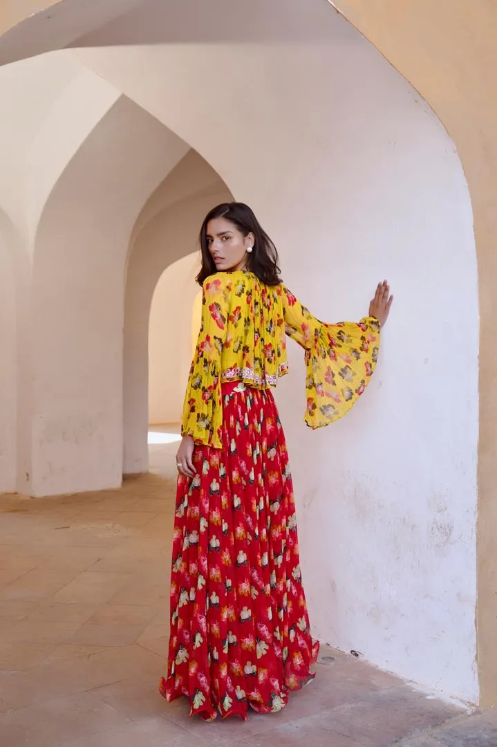 Gulbahar Bumble bee boho top with chilly red chiffon skirt set.