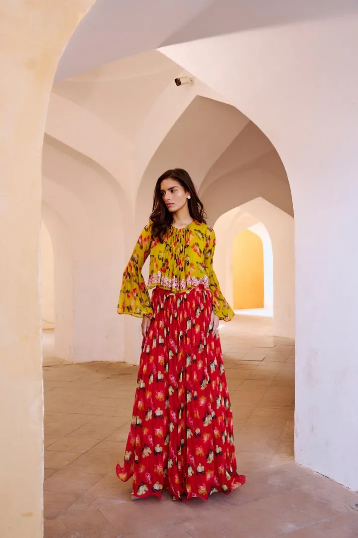 Gulbahar Bumble bee boho top with chilly red chiffon skirt set.