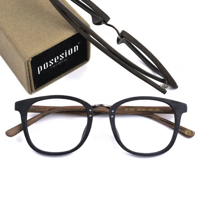 Hdcrafter Men's Full Rim Round Metal Wood Frame Eyeglasses Ps7083