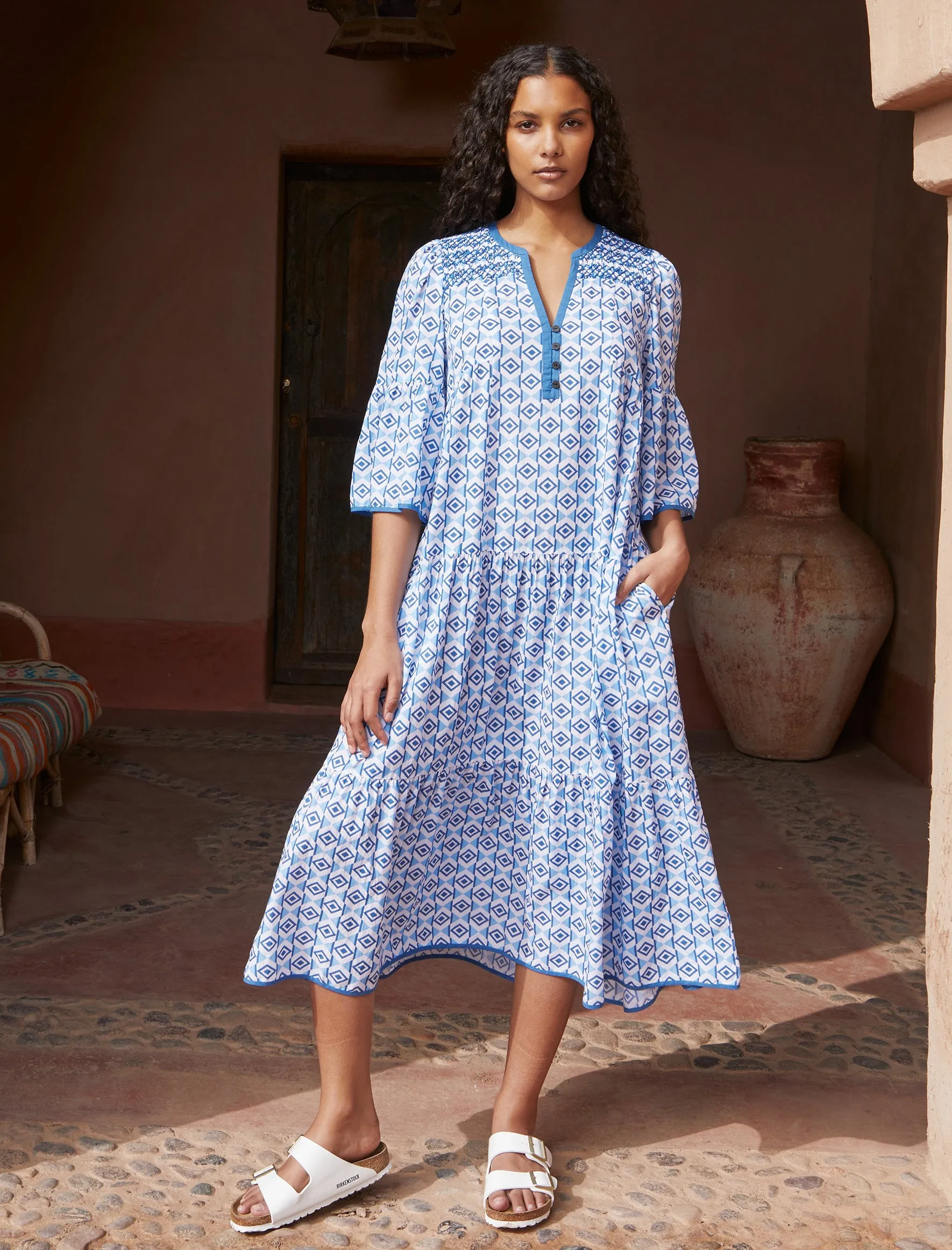 Hester Cotton Maxi Dress - Blue Diamond Geo Print