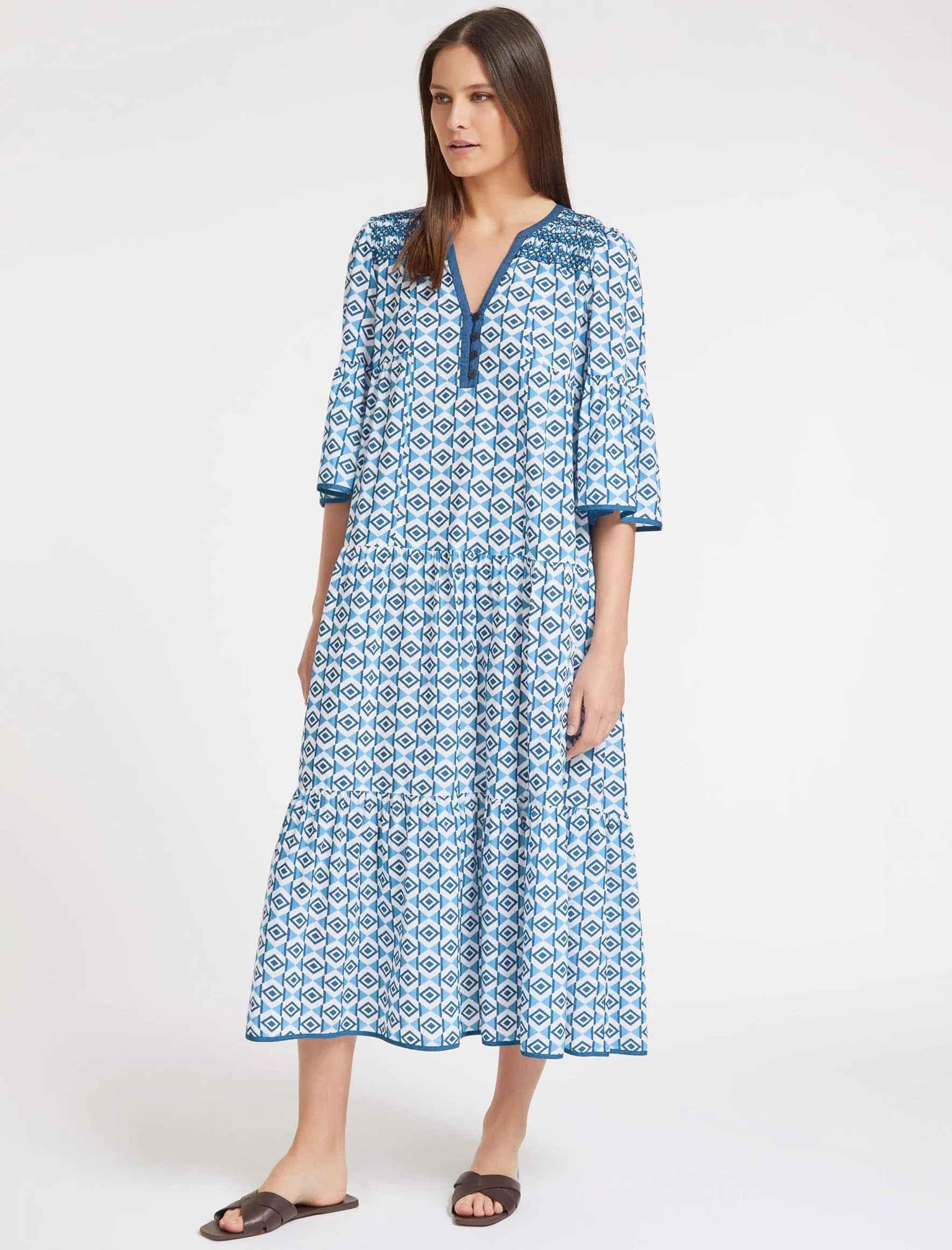 Hester Cotton Maxi Dress - Blue Diamond Geo Print