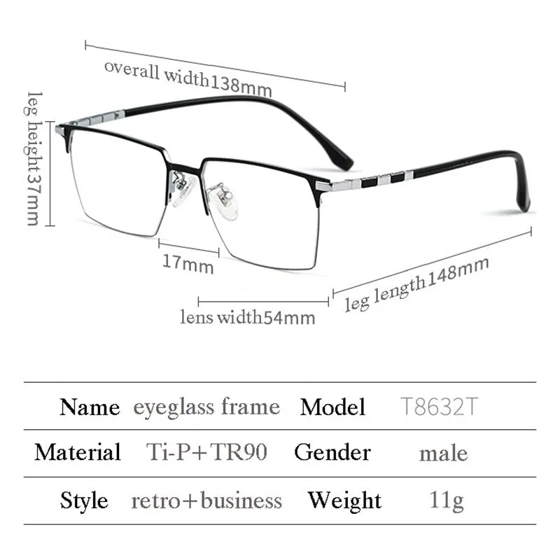 Hotochki Men's Full Rim Square Tr 90 Titanium Frame Eyeglasses T8632t