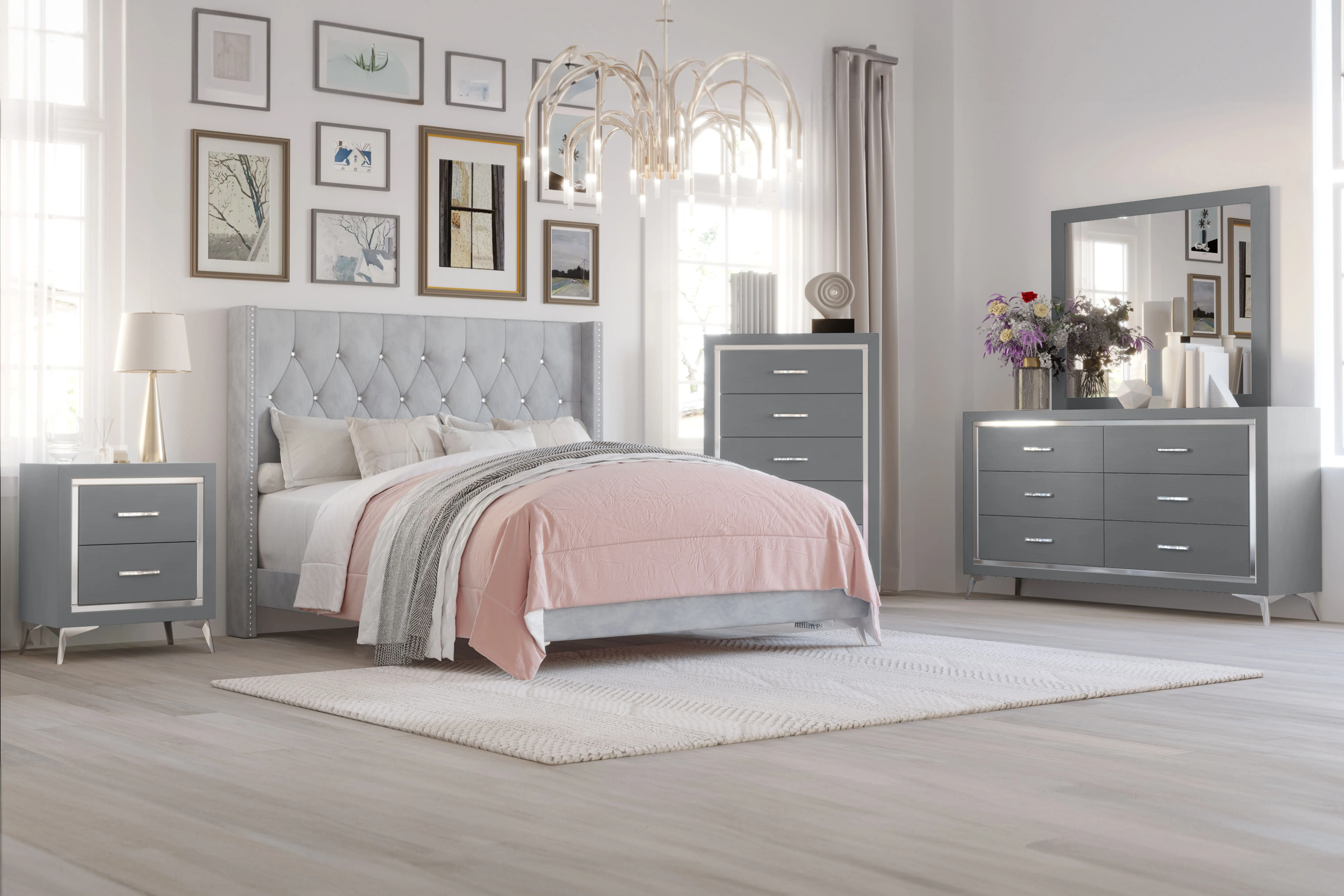 Huxley - 6/0 Western King 5 Piece Bedroom Set (Bed, Dresser, Mirror, Chest, Nightstand) - Gray